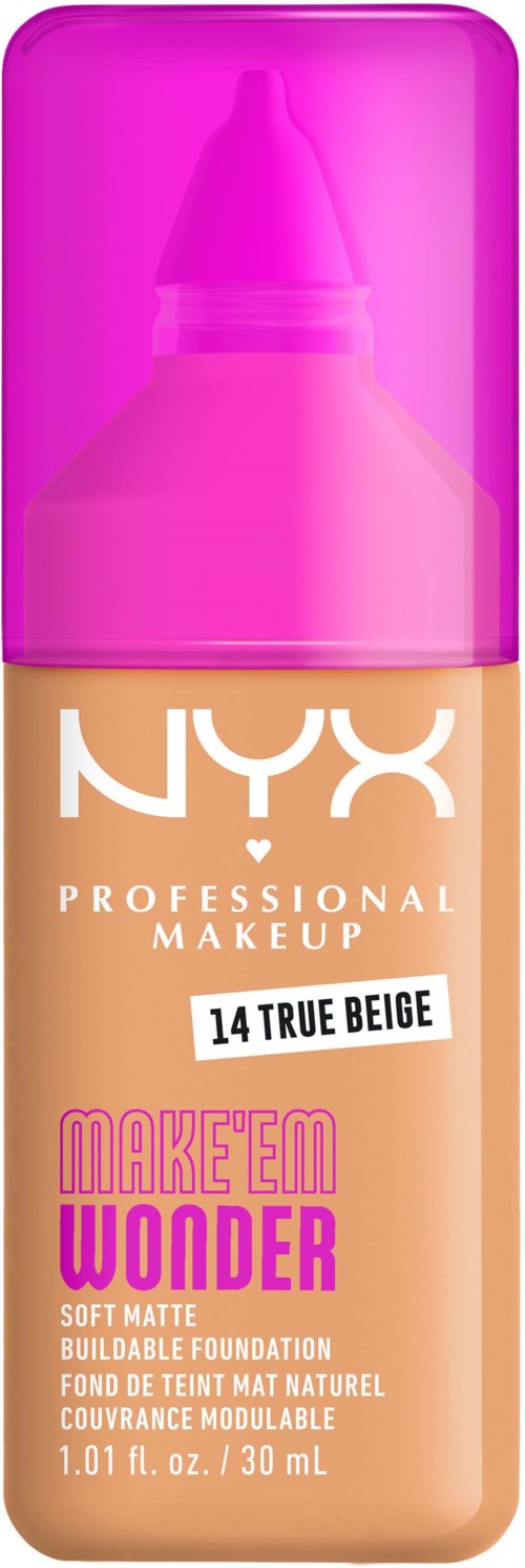 Flasche NYX Make-up mit '14 True Beige' und pinkem Deckel, 'Make 'Em Wonder'-Schrift.