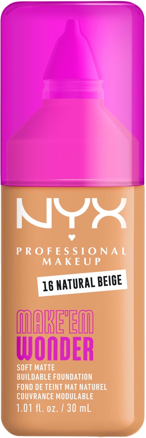 NYX Foundationsflasche mit pinkem Deckel, beige Flüssigkeit und Etikett mit Farbton 16 Natural Beige.