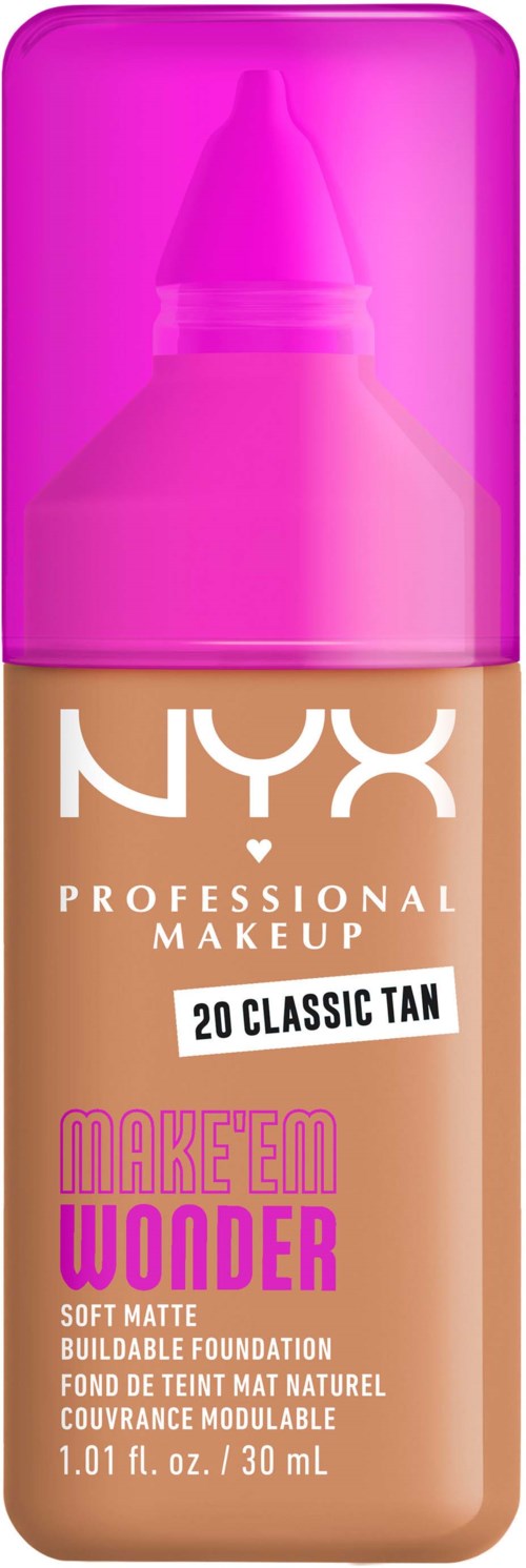 Flasche mit NYX Make-up Foundation in Beige mit rosa Deckel, beschriftet "20 Classic Tan" und "Make 'Em Wonder."