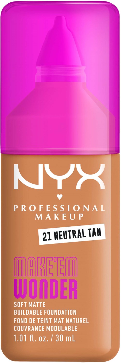 Eine beiget Tube NYX Foundation mit rosa Deckel und Label, steht "Make 'Em Wonder" und "21 Neutral Tan".