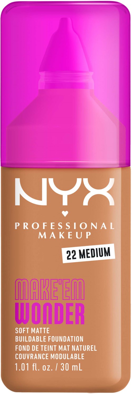Eine Flasche NYX Make Up Foundation mit rosa Kappe, mit der Aufschrift 'Make 'Em Wonder', mittlere Deckkraft, softmatte Oberfläche.