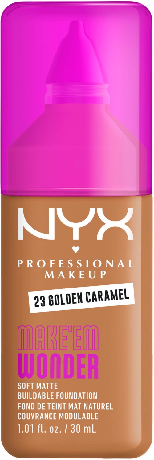 NYX Foundation-Flasche in Goldkaramell-Farbton mit rosa Deckel, Beschriftung "Make It Wonder" für softes Matt-Finish.