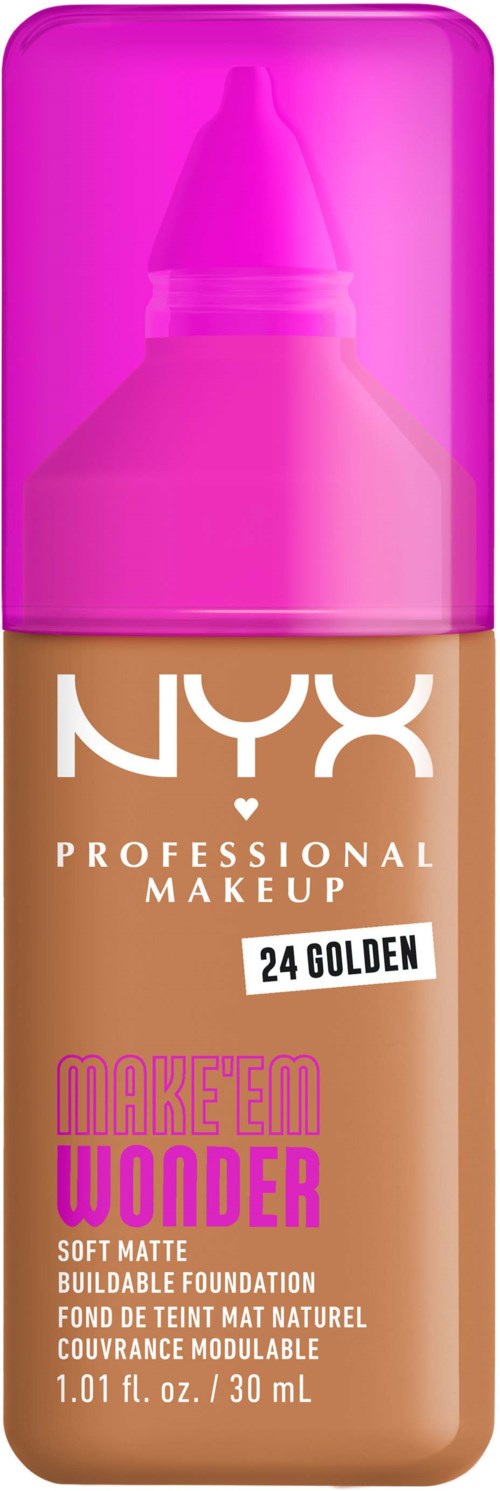Flasche mit NYX Foundation, beschriftet 'Make Me Wonder', mit rosa Deckel und beiger Flüssigkeit.