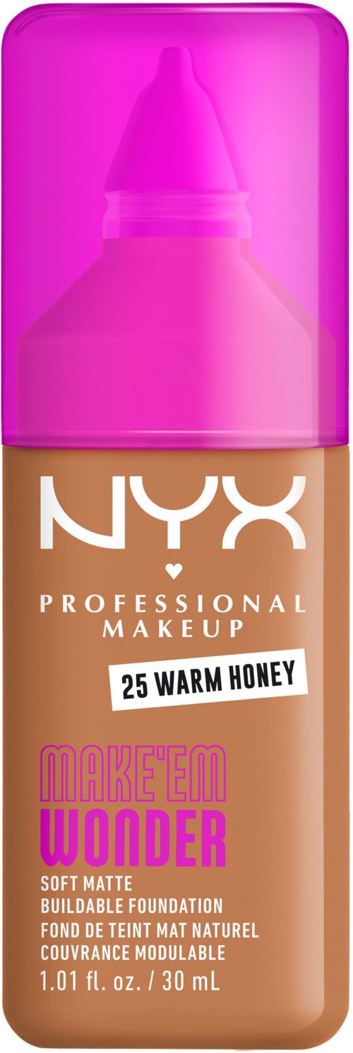 NYX Make-up-Flasche mit pinkem Deckel, beschriftet "25 Warm Honey" für Foundation, genannt "Make 'Em Wonder."