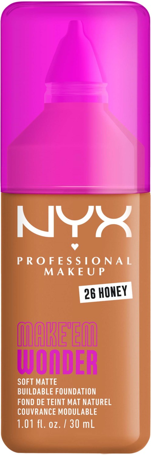 Eine Flasche NYX Foundation mit pinkem Deckel, beschriftet "Make Me Wonder," in Farbe 26 Honey, für weiches Mattenfinish.