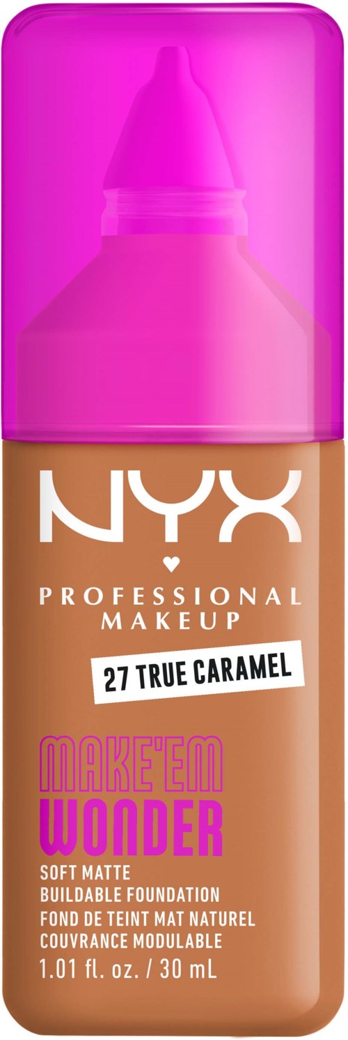 NYX Make-up-Flasche mit pinkem Deckel, braun und pinkem Text, beschriftet "Makeup Wonder" und "27 True Caramel."