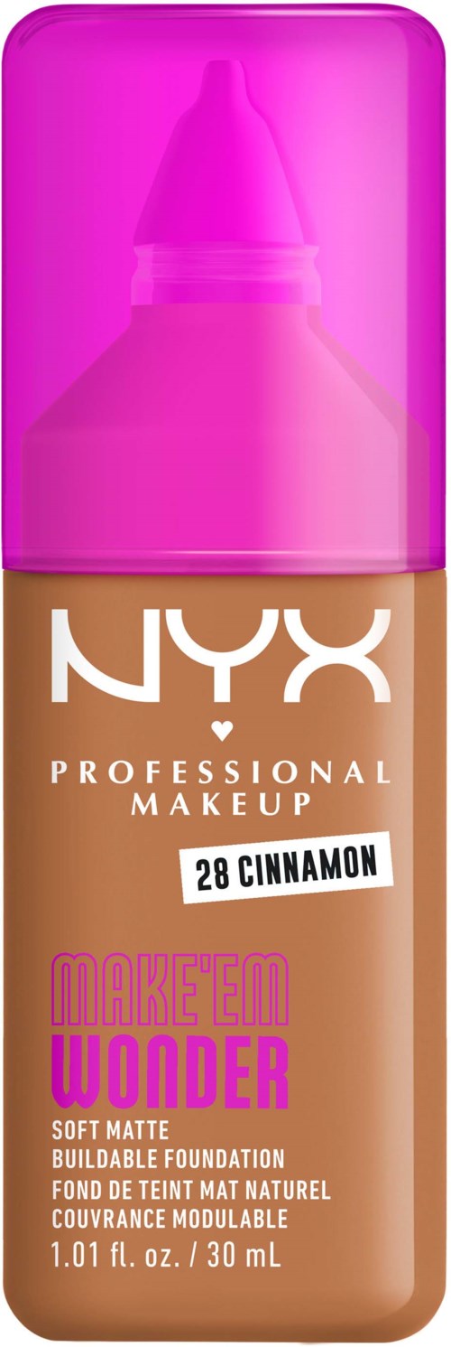 Eine Flasche NYX Foundation mit 'Make Them Wonder' Beschriftung, pinker Deckel, Farbton 28 Cinnamon, samt weicher matter Oberfläche.