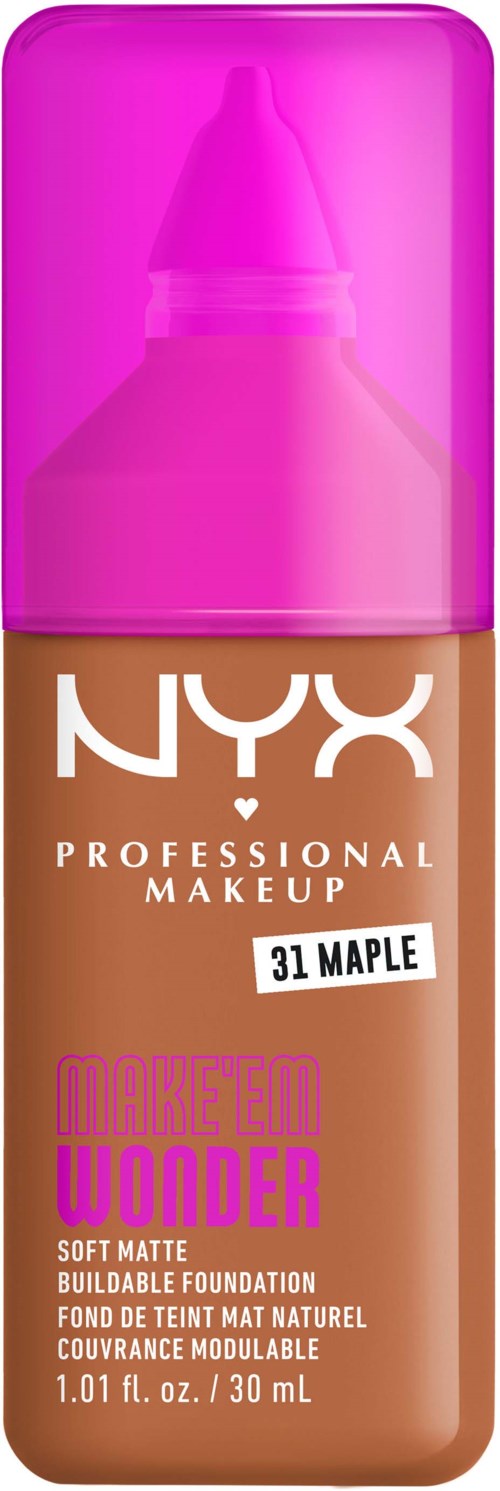 Eine Flasche NYX Foundation mit rosa Kappe, gekennzeichnet mit '31 Maple', und Beschreibung von softem mattem Finish und aufbaubarer Abdeckung.