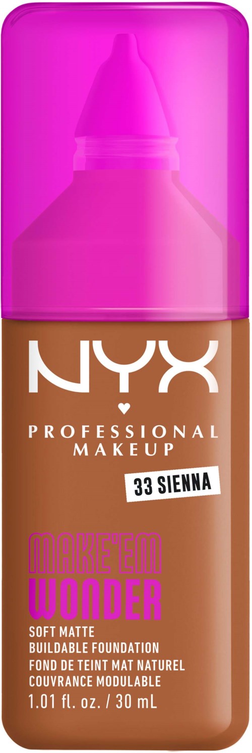 Eine Flasche NYX Grundierung, beschriftet '33 Sienna,' mit rosa Kappe und softem mattem Finish.