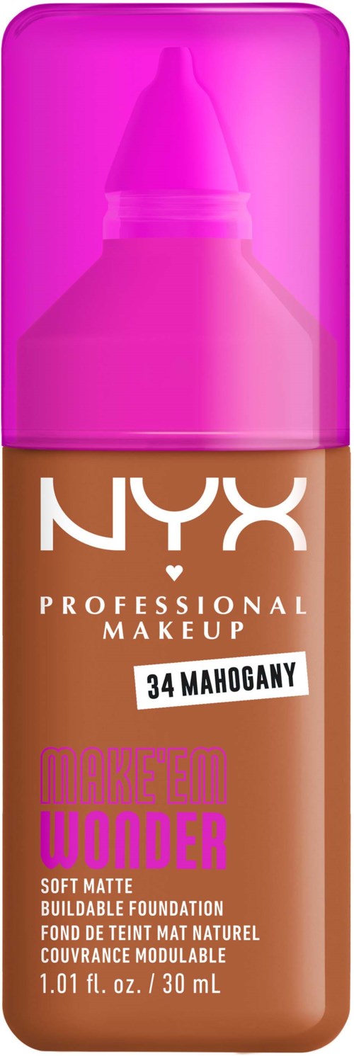 Flasche mit brauner Foundation und rosa Deckel, NYX-Logo und Produktdetails in Rosa und Weiß.