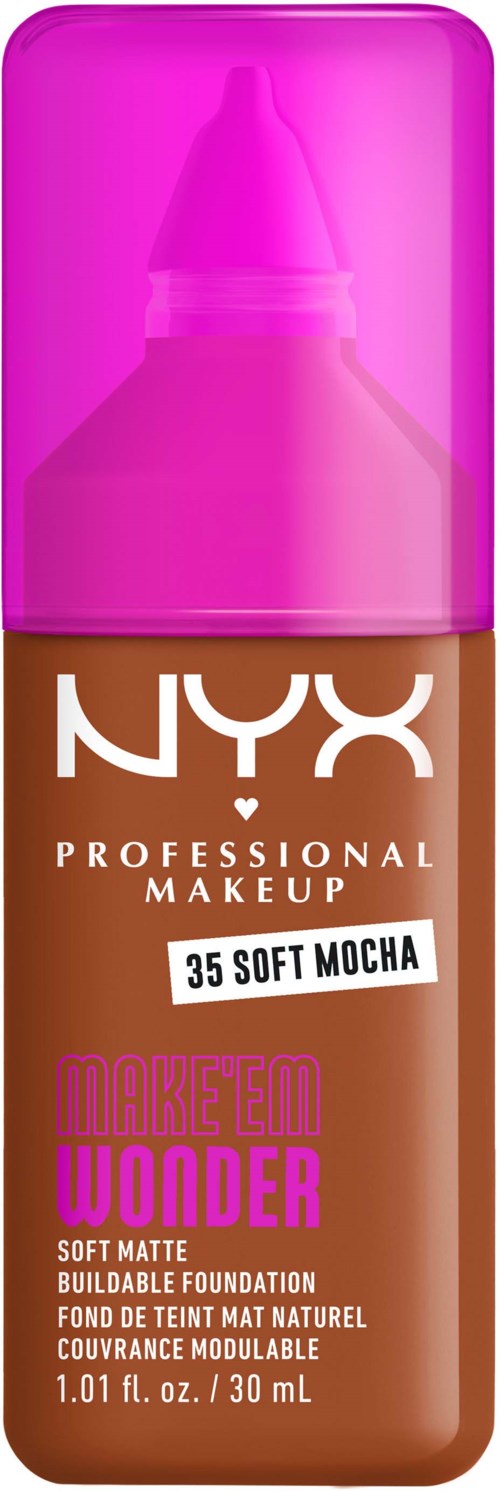 Kleine NYX Foundation-Flasche mit pinkem Deckel und braunem Körper, etiketti 'Soft Mocha 35'.