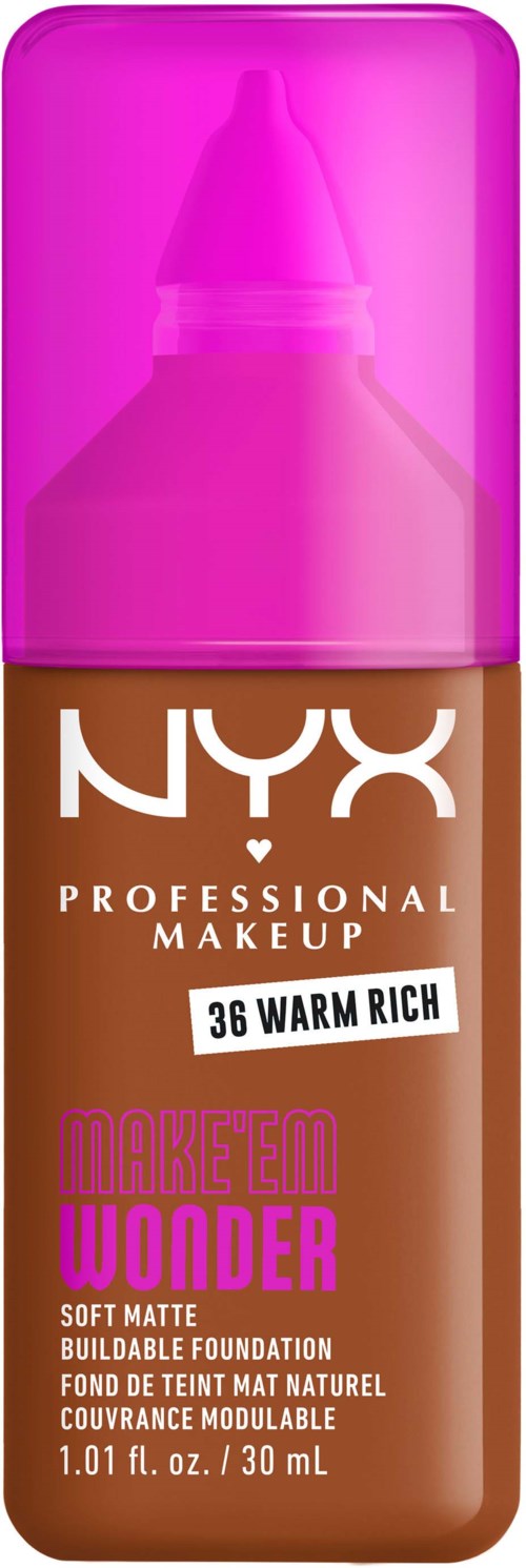 NYX Foundationflasche mit pinkem Deckel, beschriftet 'Warm Rich' und 'Makeup Wonder'.