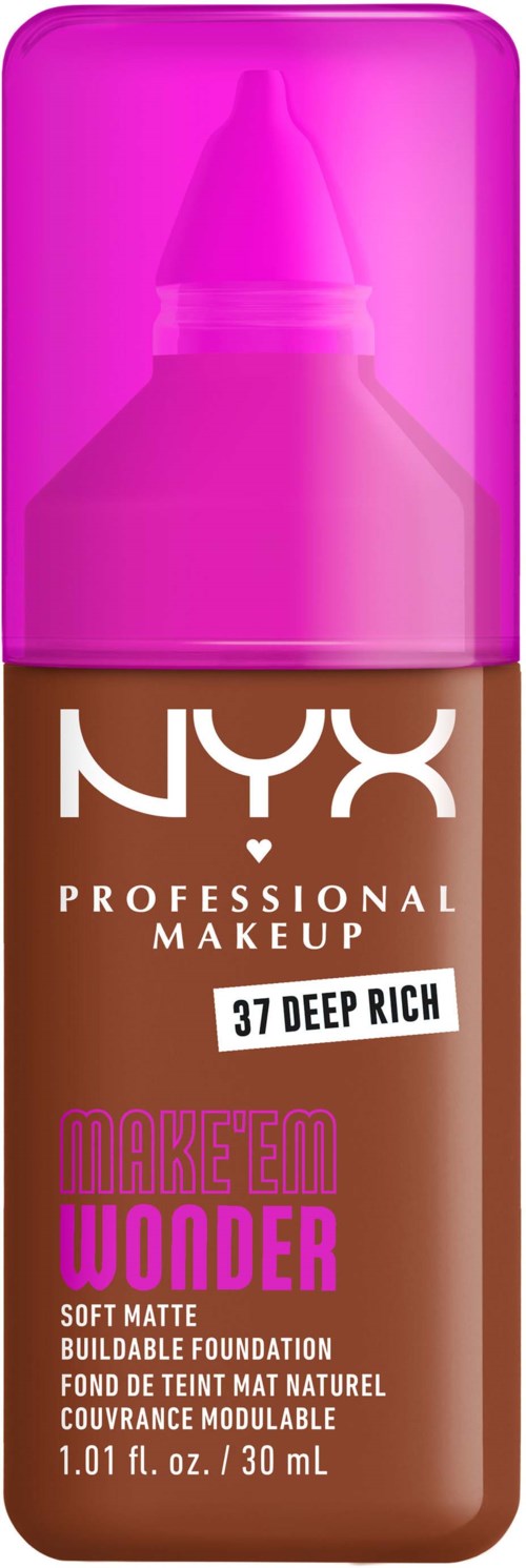 Eine Flasche NYX Foundation, tiefreichender Farbton, mit pinkem Deckel und weißem Text.