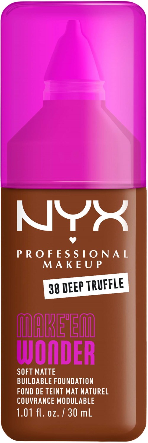 Makeup-Flasche mit pinkem Deckel, NYX-Logo, dunkler Trüffelton, seidiges matten Finish, 30 ml.