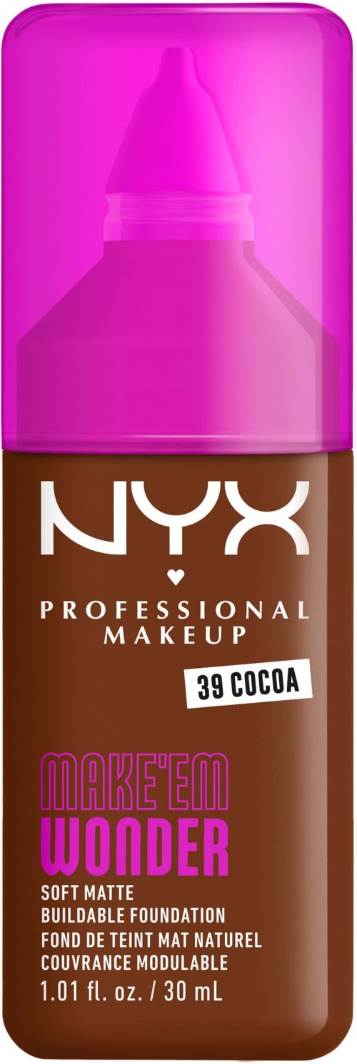 NYX Foundationsflasche mit rosa Kappe, Etikett liest 'Makeup Wonder' und 'Soft Matte Buildable Foundation'.
