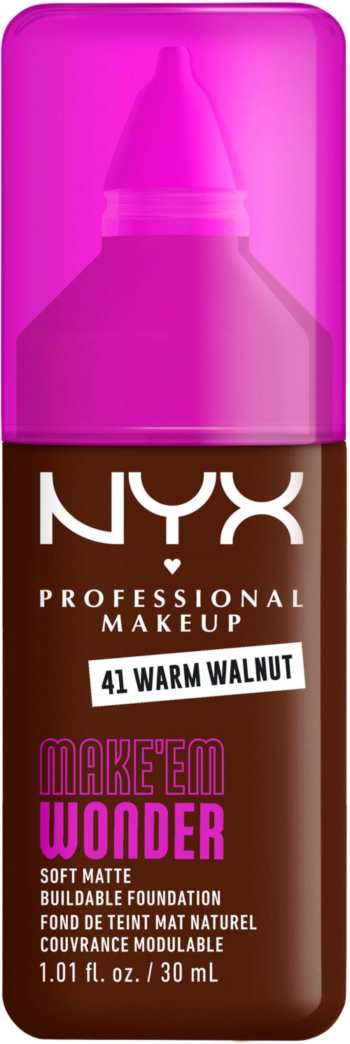 Flasche NYX Make-up Foundation in Farbe 41 Warm Walnut mit rosa Deckel, Make 'Em Wonder, weiches Matte Finish.
