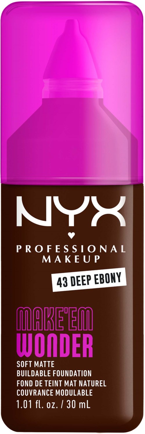 Eine Flasche NYX Make-up Foundation 'Make 'Em Wonder' in Tiefschwarz, mit rosa Griff und brauner Flasche.