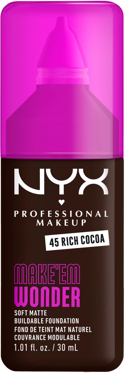 NYX Foundation-Flasche mit lila Kappe, beschriftet 'Make Em Wonder' in Lila, Braun und Weiß.