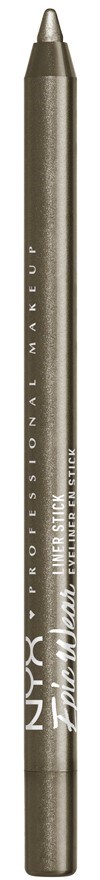 A silver eyeliner pencil with white writing and a pointed tip.