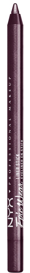A purple eyeliner pencil with white text and a sharpened tip.