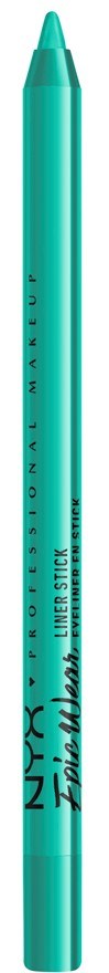 A turquoise pen with black text, labeled as NYX and Eye Pencil. It is upright against a black background.