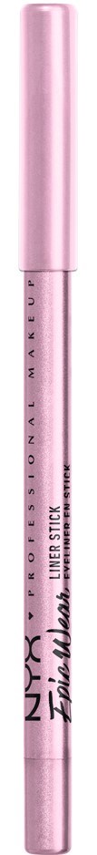 En rosa NYX läppenna med svart och vitt text, med ett runt lock upptill.