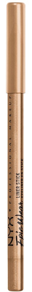 Ein goldfarbener Stift mit schwarzem Text und Kappe, steht vertikal.