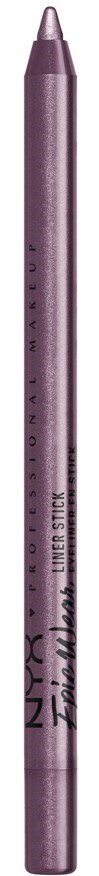 A pinkish-purple eyeliner pencil with black text and branding, standing vertically against a white background.