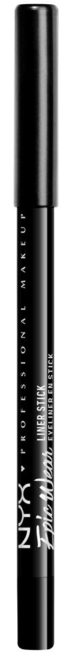 A black eyeliner pencil with a gray cap and white text, standing vertically against a black background.