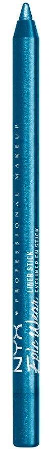 A blue makeup pencil with text, used for eye or lip makeup, with a pointed tip.