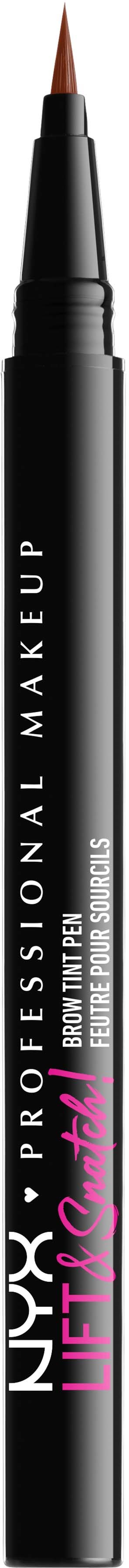 A black eyeliner pencil with a pointed tip and white and pink text, standing vertically.