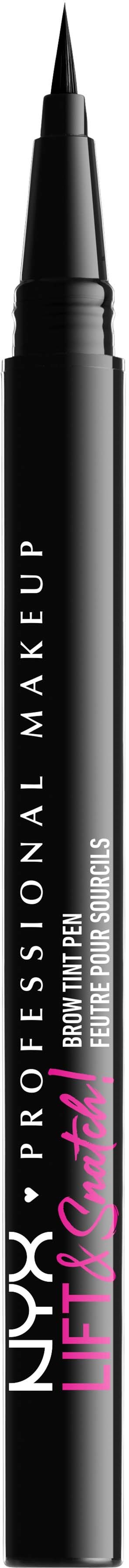 Black eyeliner pen with white and pink text, standing upright.