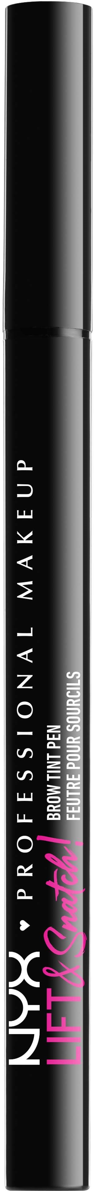 A black eyeliner pencil with silver and pink text, standing vertically against a black background.