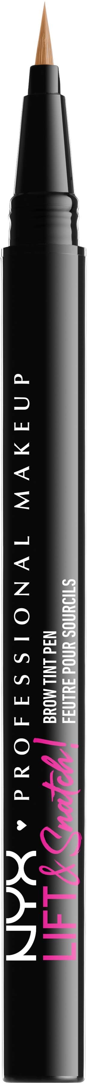 Liquid eyeliner pen with black and pink writing, designed for makeup application.