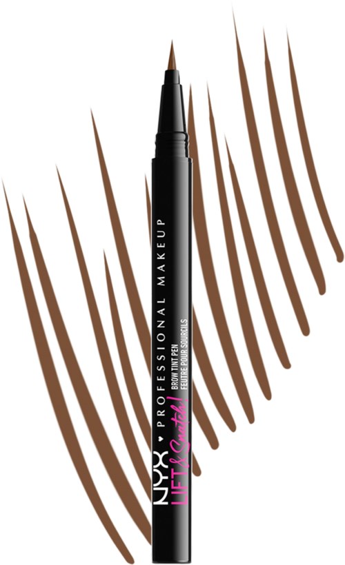 A black eyeliner pen with pink and white text, surrounded by brown makeup swatches in a heart shape.