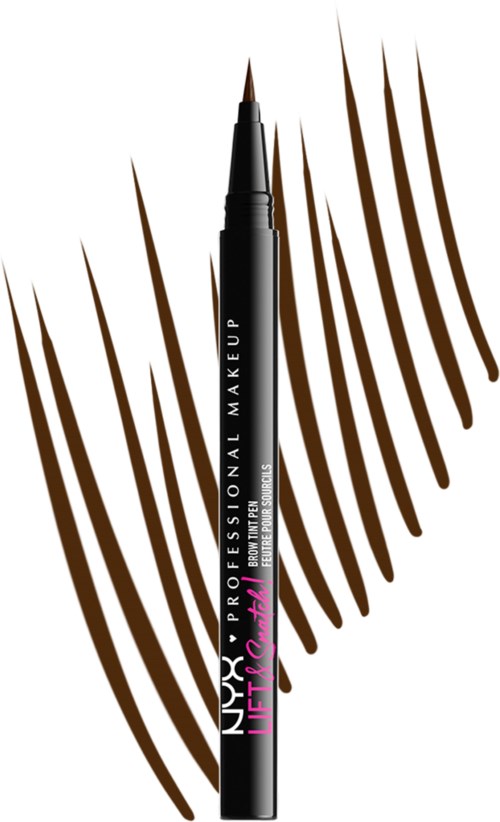 A black eyeliner pen with white and pink text, surrounded by brown makeup strokes on a white background.