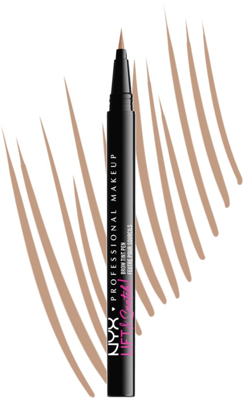 Een zwarte vloeibare eyeliner pen met bruine strepen erachter. Tekst op de pen zegt NYX Professional Make Up.