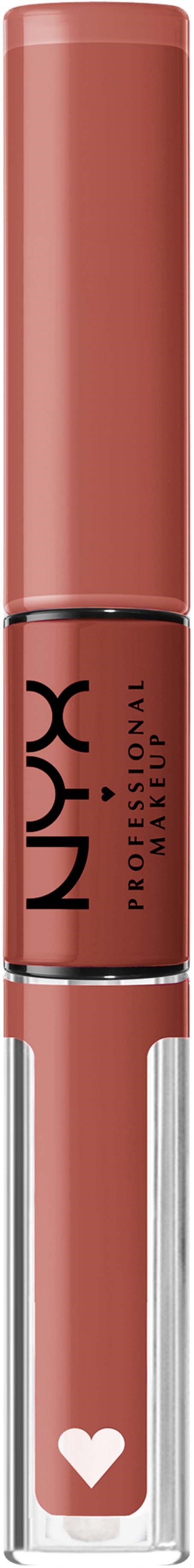 A makeup gloss tube with a pink cap and a clear bottom part showing a white heart symbol.