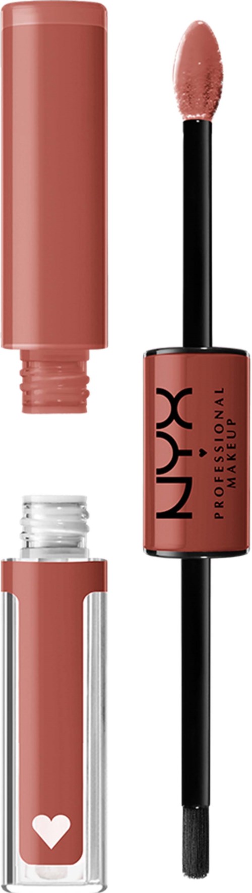 A liquid lipstick with a doe-foot applicator, in a pink tube, and a clear container with a white heart.