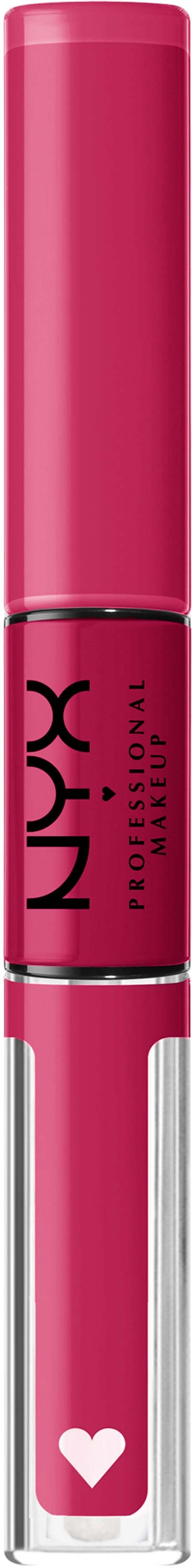 A pink lip gloss tube with a small white heart on the bottom part.
