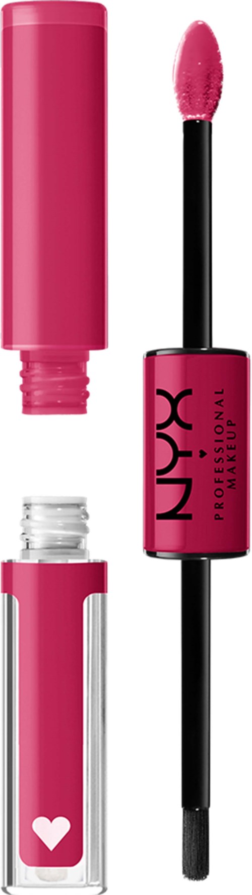A pink lip gloss tube with a heart on the clear container and a wand applicator.