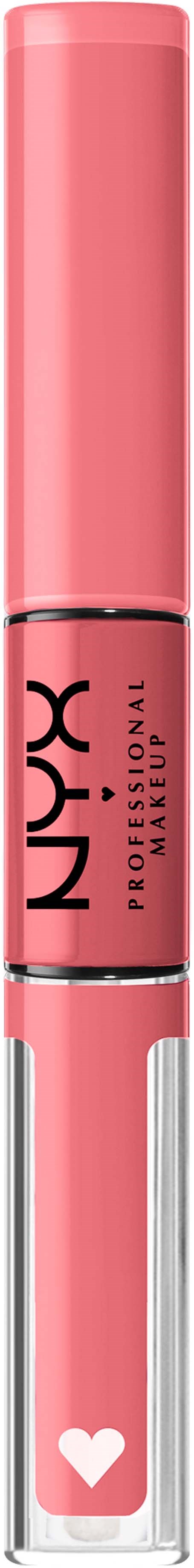 A pink tube of NYX liquid lipstick with a heart symbol on the clear bottom part.