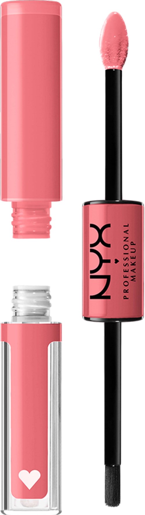 A pink lip gloss tube with an open applicator showing pink gloss and a white heart on the lower part.