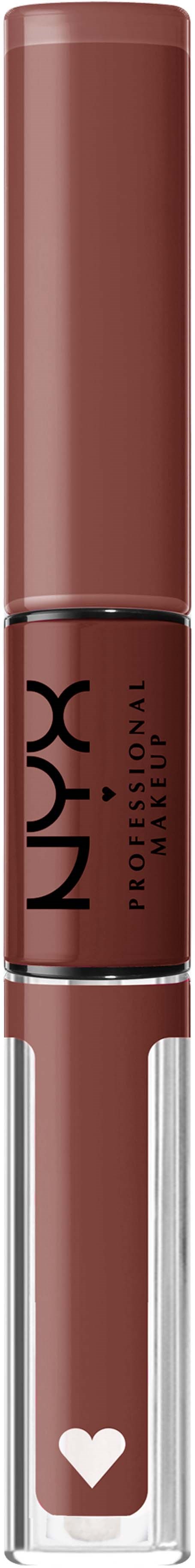 A lipstick tube with a brown cap and a clear bottom part showing a white heart. The brand name NYX is visible.