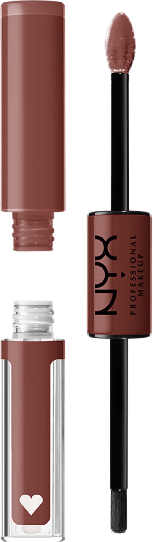 A NYX liquid lipstick with applicator, tube, and a small heart symbol on the container.