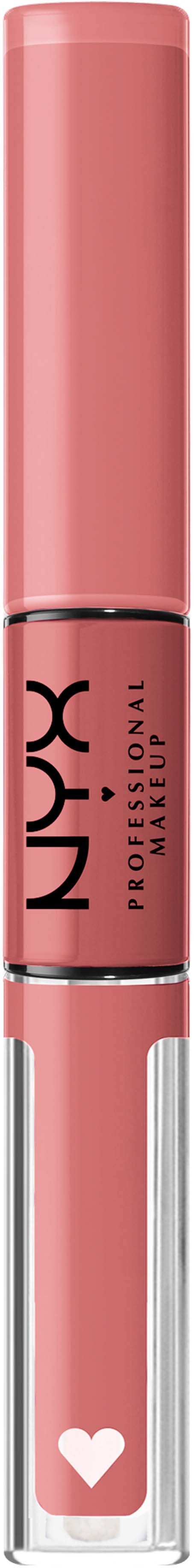 Pink NXY lip gloss tube with a heart symbol on the cap.