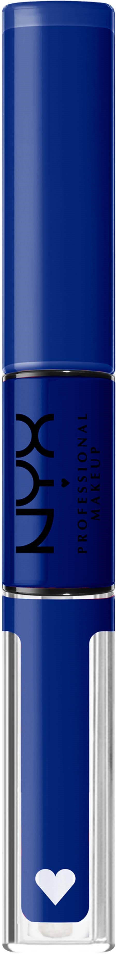 A blue NYX lip gloss with a heart symbol on the clear bottom part.