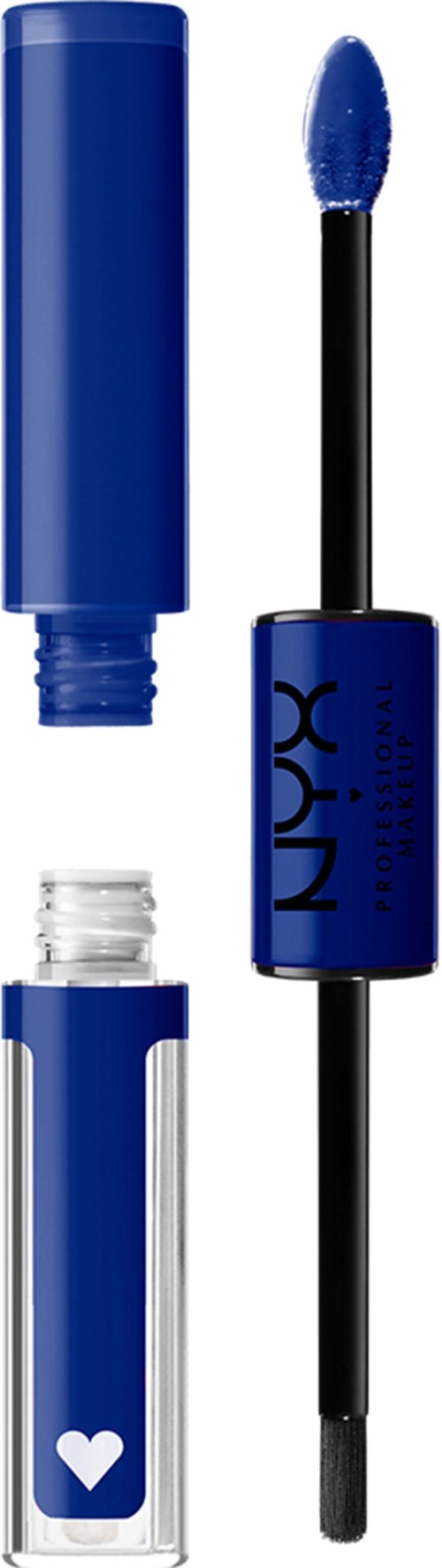 Blue lip gloss with a heart symbol, applicator wand, and open tube showing glossy product inside.