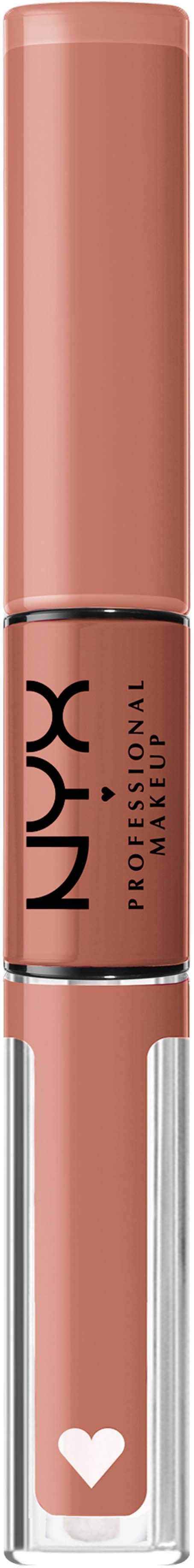 A NUX professional makeup lipstick with a pink cap and a clear bottom showing a heart symbol.