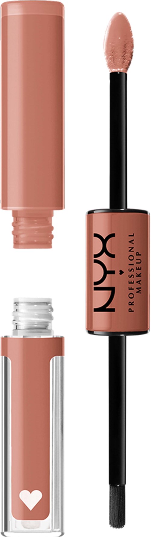 A NYX lip gloss tube with a sponge applicator, in a pink shade, and a heart symbol on the bottom.